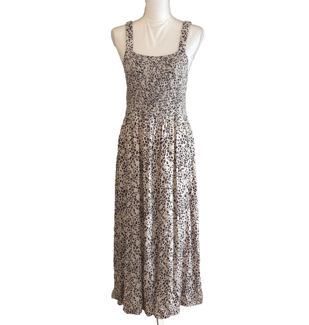 Saltwater Luxe Womens Leopard Print Maxi Smocked Strappy Feminine Dress, Size L